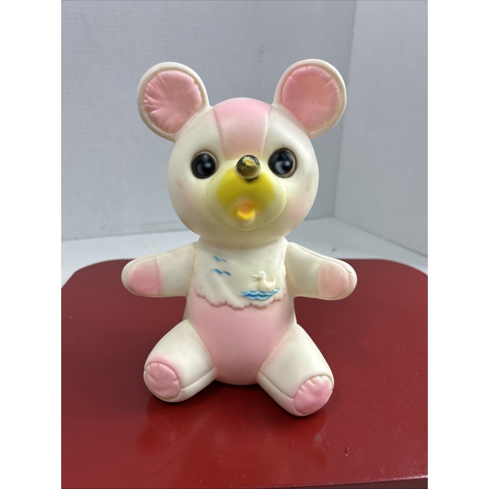 Vintage Sanitoy 1950's Rubber Squeaker Teddy Bear Bib With Duck Baby Toy